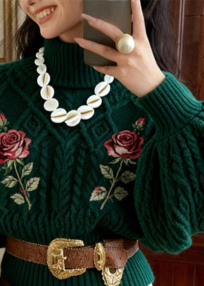 French Dark Green Turtleneck Rose Cable Cotton Knit Sweater Lantern Sleeve