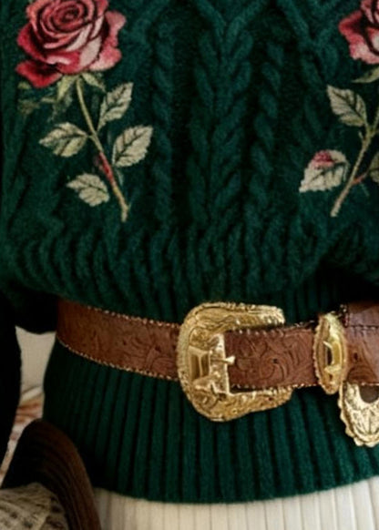 French Dark Green Turtleneck Rose Cable Cotton Knit Sweater Lantern Sleeve