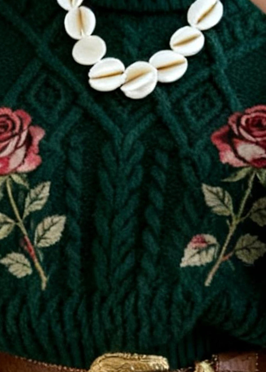 French Dark Green Turtleneck Rose Cable Cotton Knit Sweater Lantern Sleeve