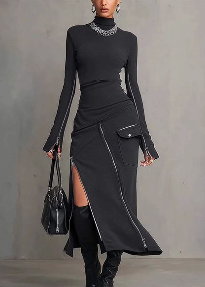 French Dark Grey High Neck Zip Up Patchwork Cotton Maxi Dress Fall