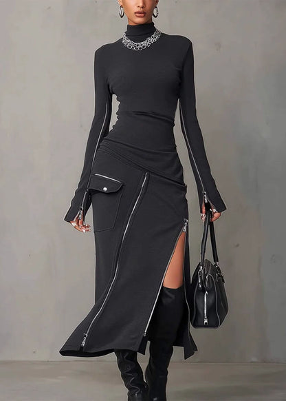 French Dark Grey High Neck Zip Up Patchwork Cotton Maxi Dress Fall