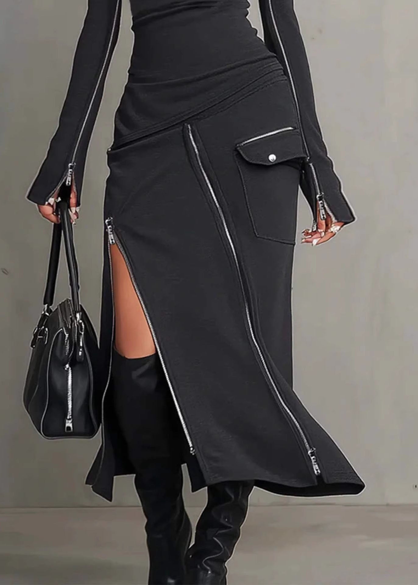 French Dark Grey High Neck Zip Up Patchwork Cotton Maxi Dress Fall