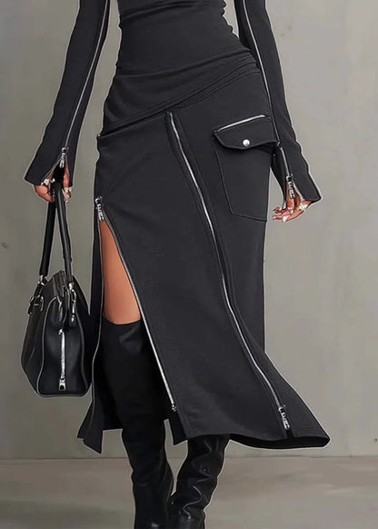 French Dark Grey High Neck Zip Up Patchwork Cotton Maxi Dress Fall