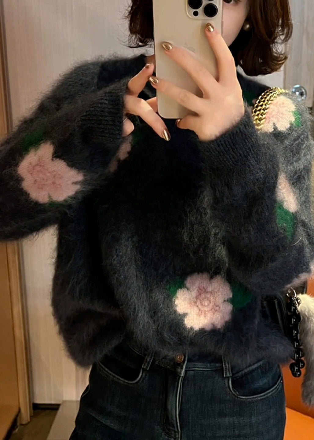 French Dark Grey Oversized Floral Ma Hai mao Knit Sweater Tops Winter