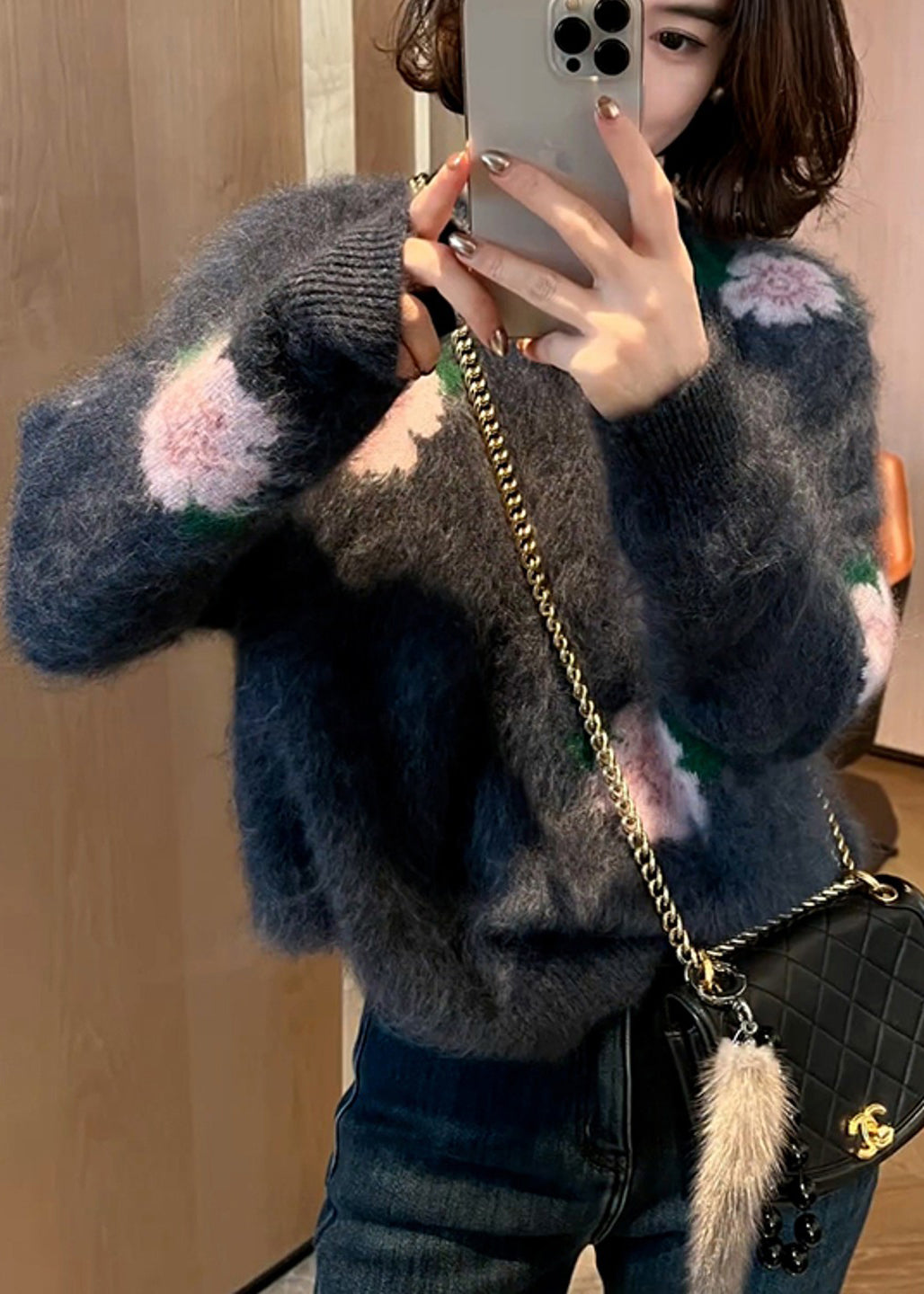 French Dark Grey Oversized Floral Ma Hai mao Knit Sweater Tops Winter