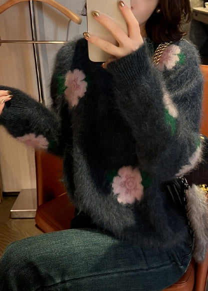 French Dark Grey Oversized Floral Ma Hai mao Knit Sweater Tops Winter