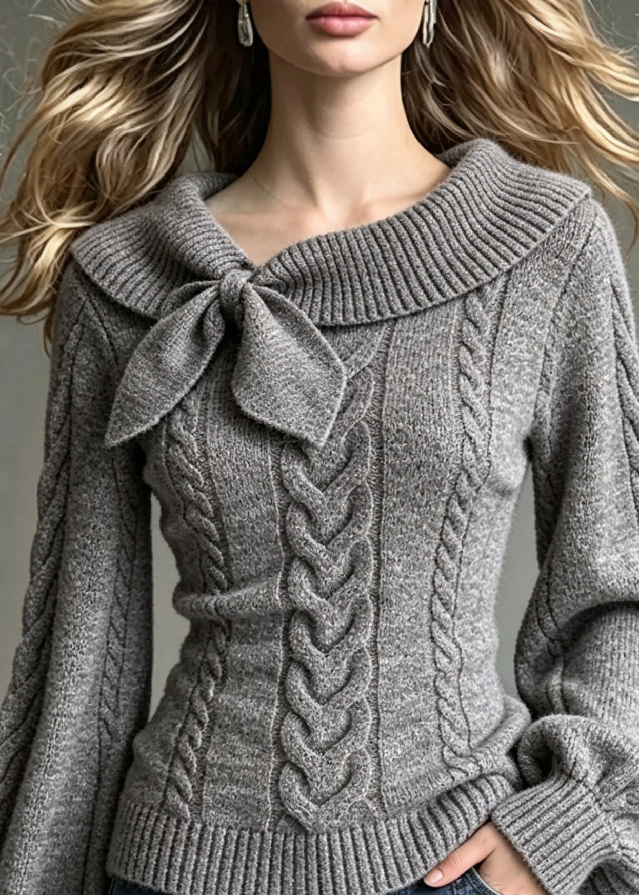 French Dark Grey Slash Neck Bow Knit Sweaters Lantern Sleeve