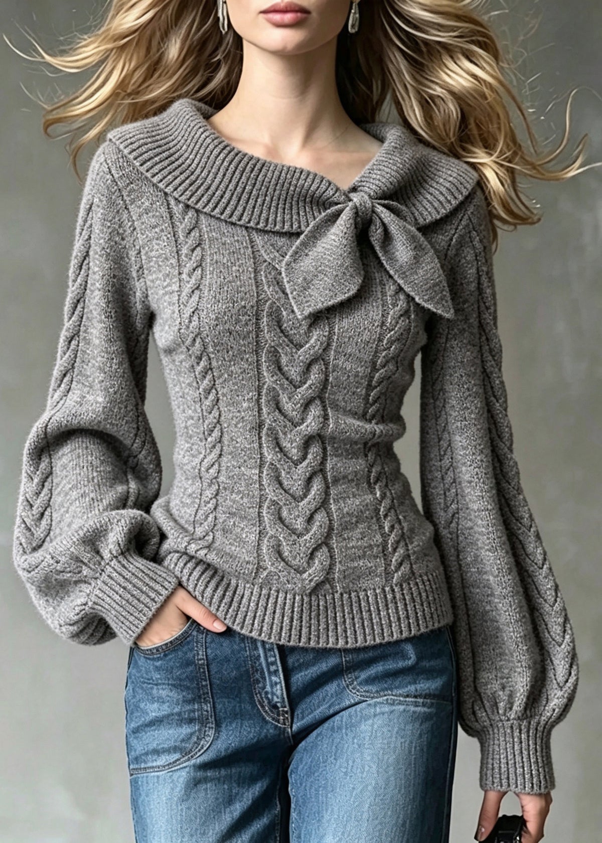 French Dark Grey Slash Neck Bow Knit Sweaters Lantern Sleeve