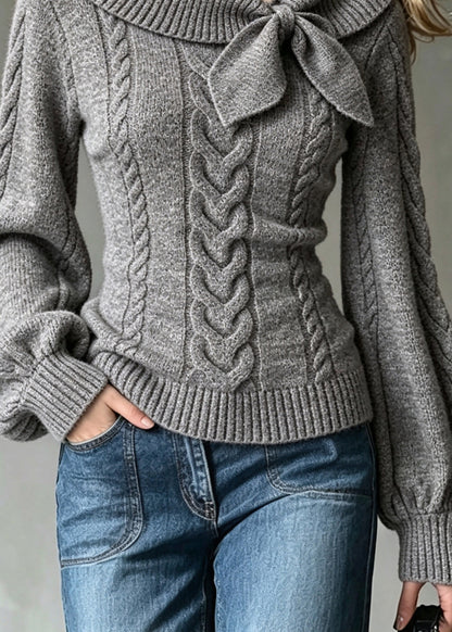 French Dark Grey Slash Neck Bow Knit Sweaters Lantern Sleeve