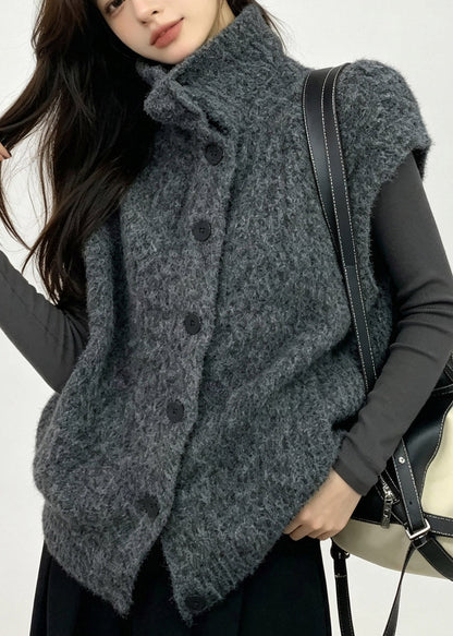French Dark Grey Turtleneck Cotton Knit Waistcoat Short Sleeve