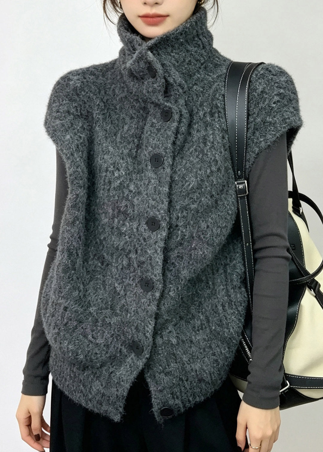 French Dark Grey Turtleneck Cotton Knit Waistcoat Short Sleeve
