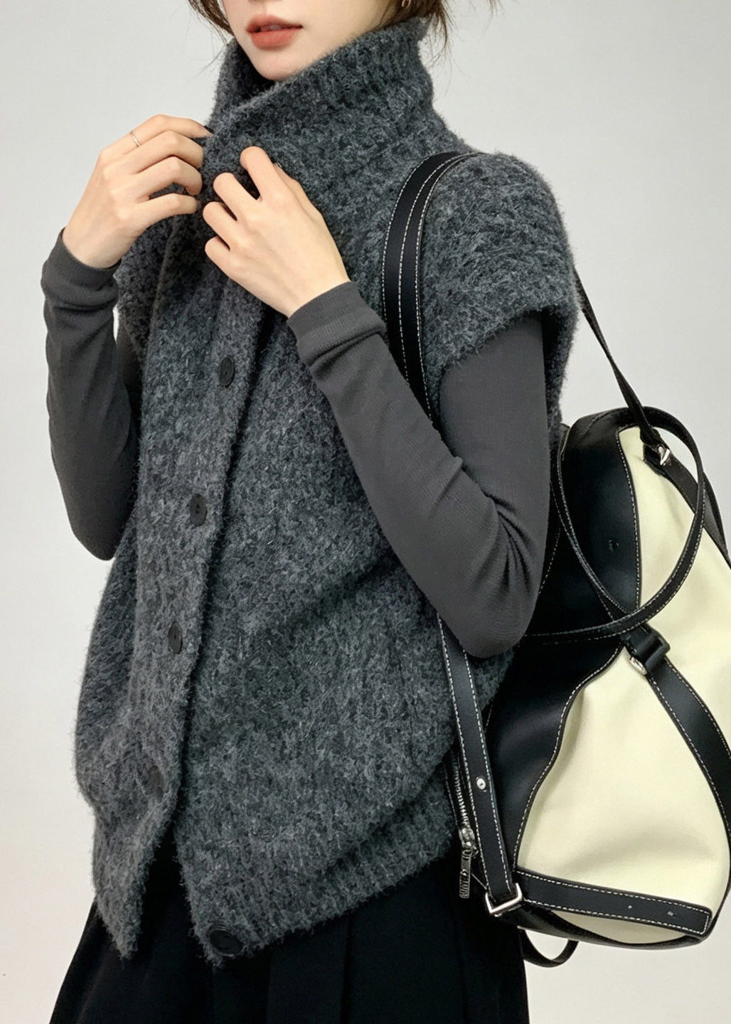 French Dark Grey Turtleneck Cotton Knit Waistcoat Short Sleeve