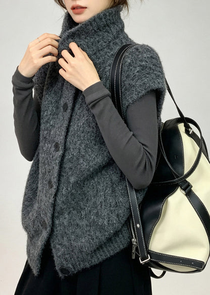 French Dark Grey Turtleneck Cotton Knit Waistcoat Short Sleeve