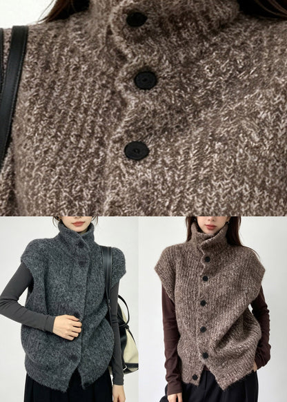 French Dark Grey Turtleneck Cotton Knit Waistcoat Short Sleeve