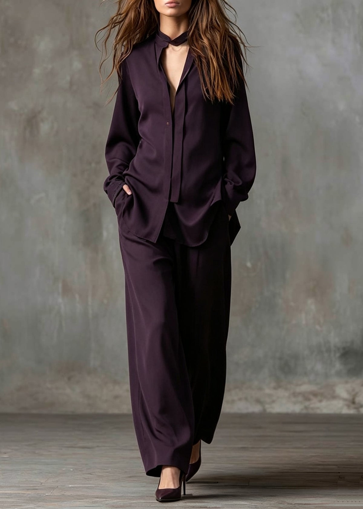 French Dark Purple Oversized Spandex Two Pieces Set Fall