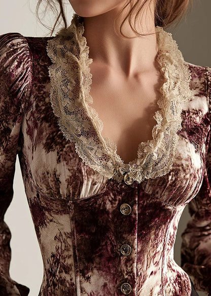 French Dark Red Puff Sleeve Lace Patchwork Cotton Blouse Tops