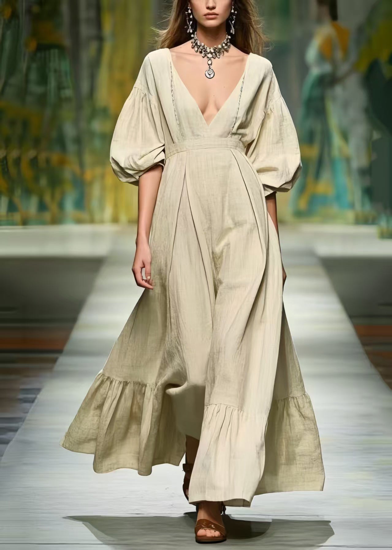 French Deep-V Neck Exra Large Hem Linen Long Dress Lantern Sleeve