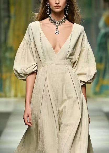 French Deep-V Neck Exra Large Hem Linen Long Dress Lantern Sleeve