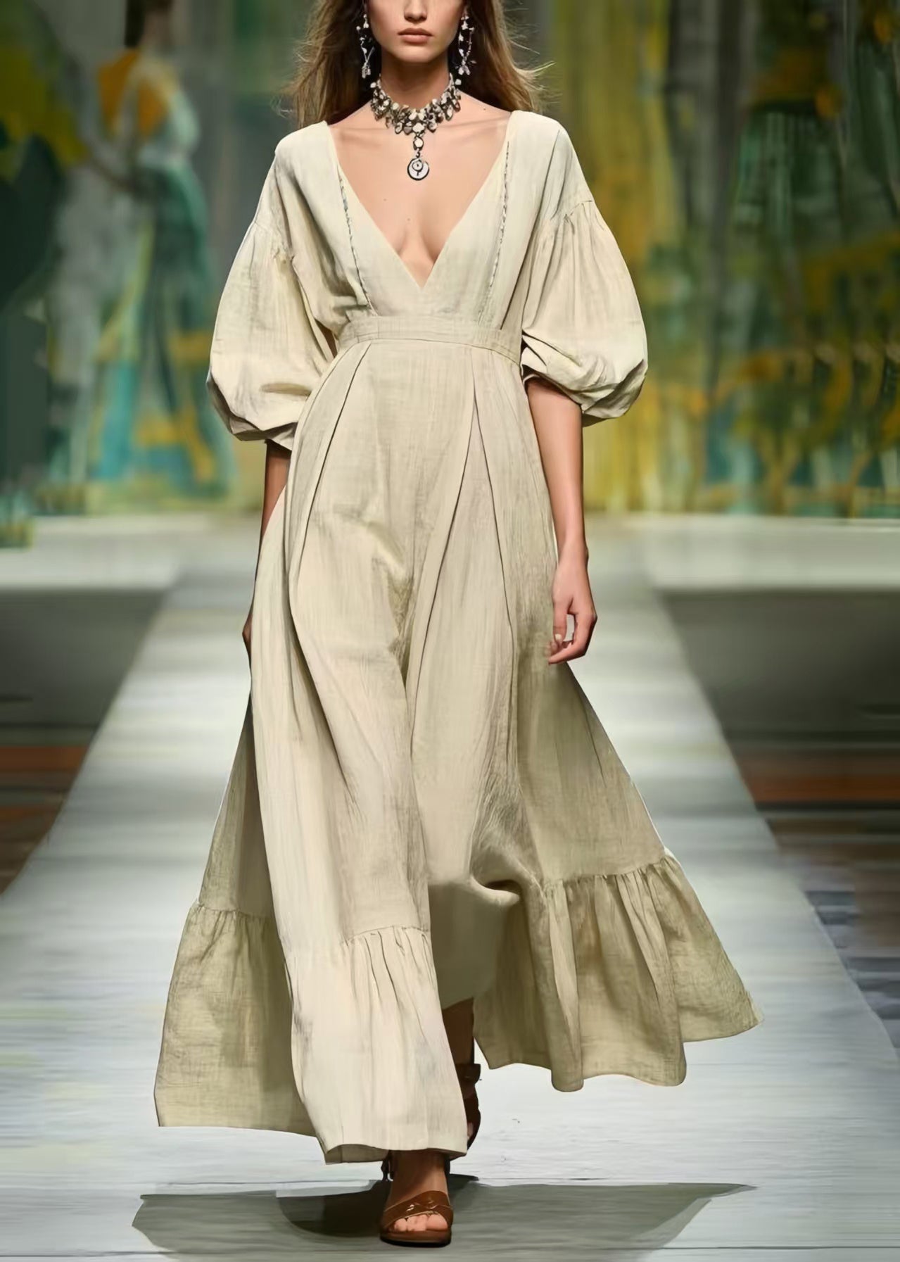 French Deep-V Neck Exra Large Hem Linen Long Dress Lantern Sleeve