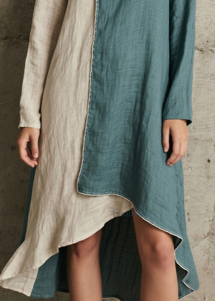 French Denim Blue Asymmetrical Patchwork Cotton Vacation Dresses Spring