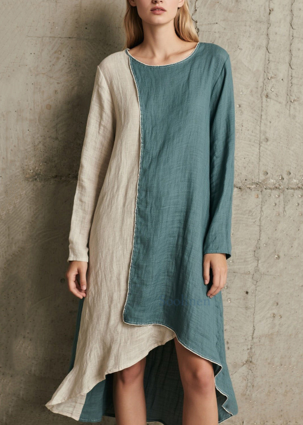 French Denim Blue Asymmetrical Patchwork Cotton Vacation Dresses Spring