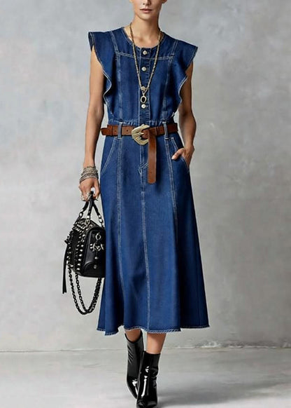 French Denim Blue O-Neck Ruffled Button Summer Maxi Dresses Sleeveless