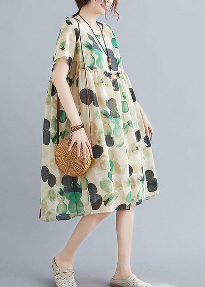 French Dot Print Original Design Linen Holiday Dress Short Sleeve