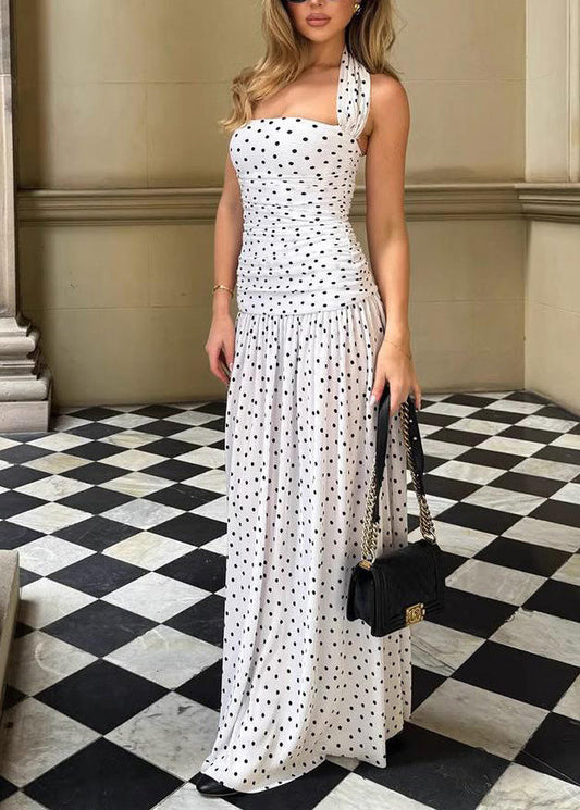 French Dot Print Side Open Halter Chiffon Dresses Summer