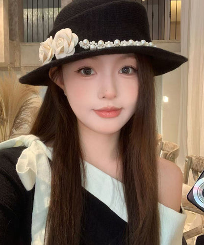 French Elegant Black Pearl Floral Woolen Cloche Hat