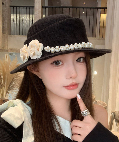 French Elegant Black Pearl Floral Woolen Cloche Hat