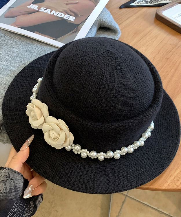 French Elegant Black Pearl Floral Woolen Cloche Hat
