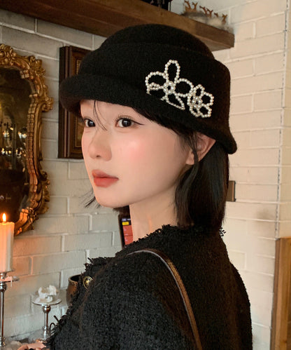 French Elegant Black Pearl Knit Bucket Hat