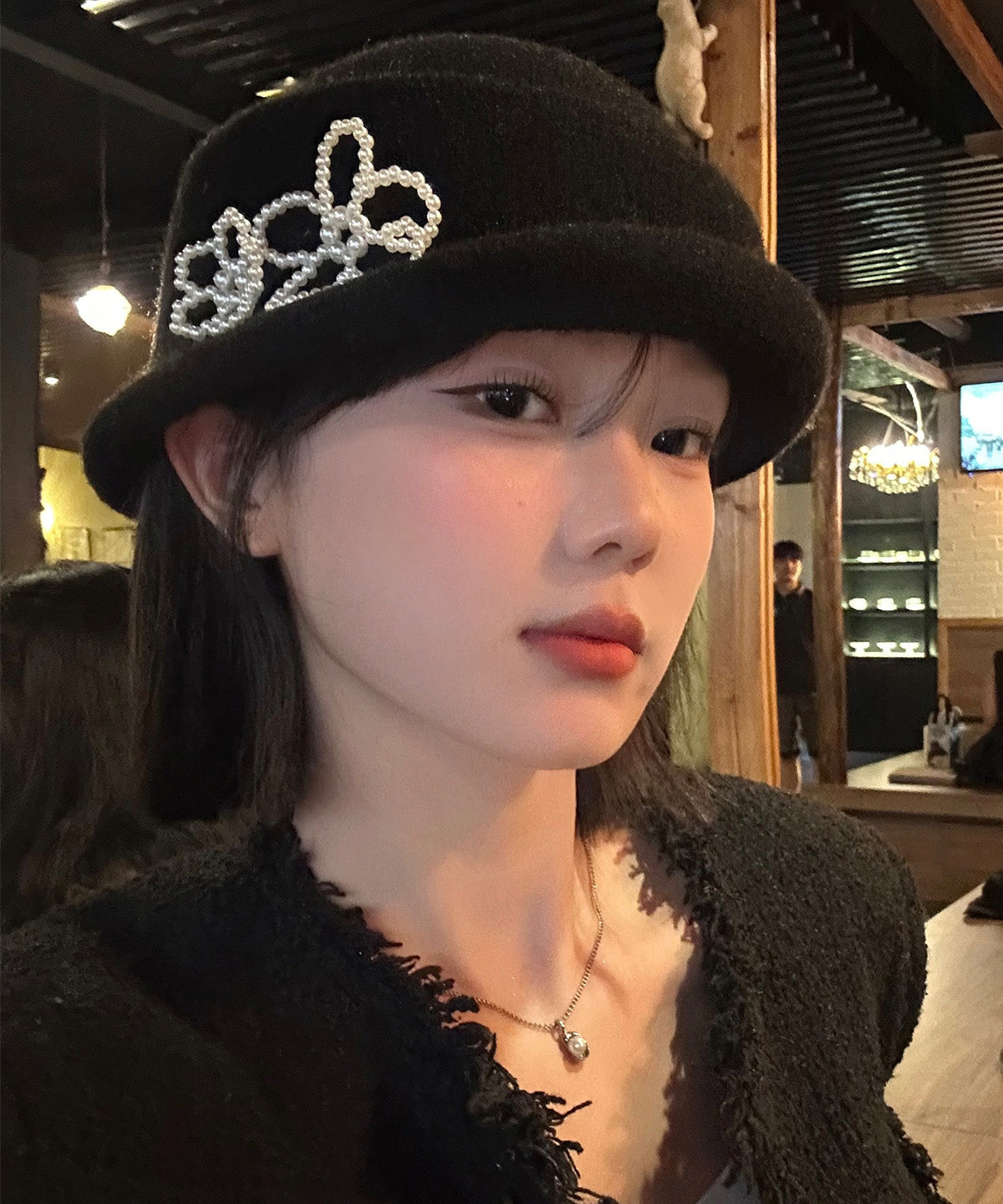 French Elegant Black Pearl Knit Bucket Hat