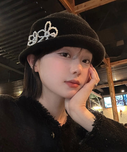 French Elegant Black Pearl Knit Bucket Hat
