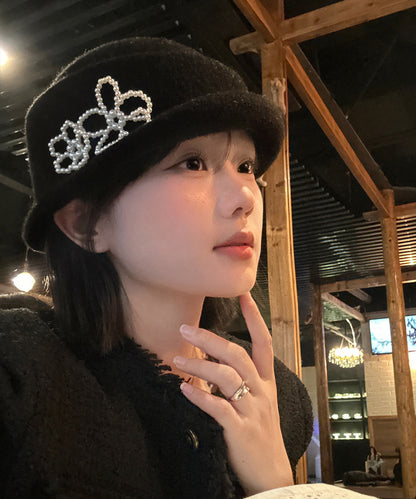 French Elegant Black Pearl Knit Bucket Hat