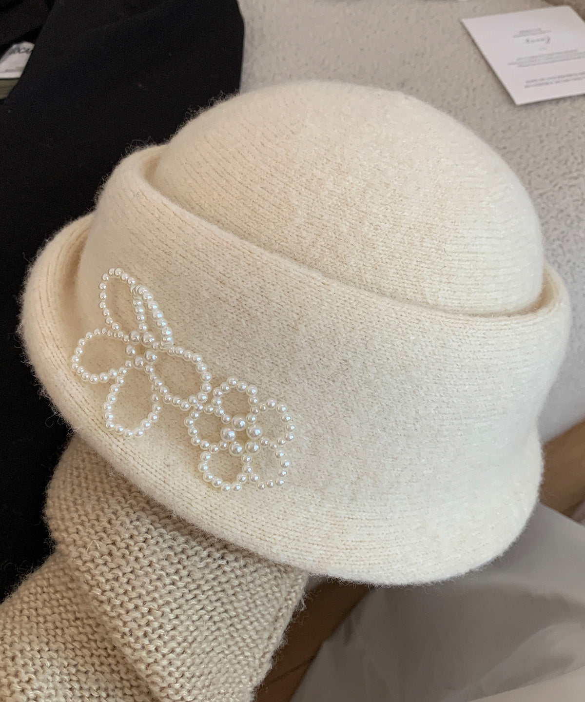 French Elegant Black Pearl Knit Bucket Hat