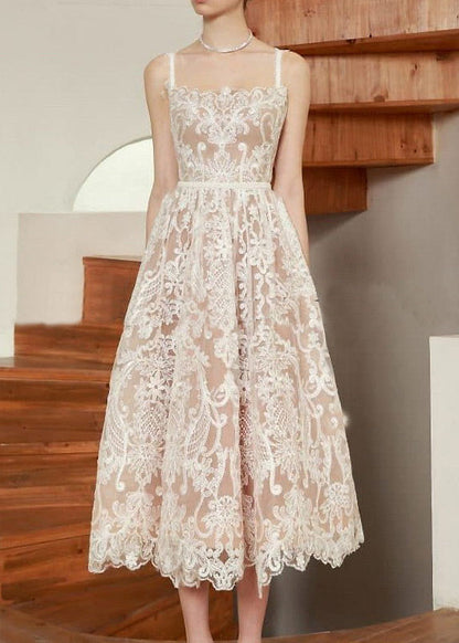 French Embroidered Patchwork Lace Spaghetti Strap Dress Summer