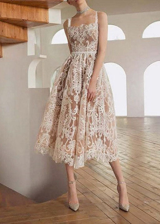 French Embroidered Patchwork Lace Spaghetti Strap Dress Summer