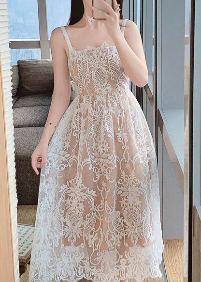 French Embroidered Patchwork Lace Spaghetti Strap Dress Summer