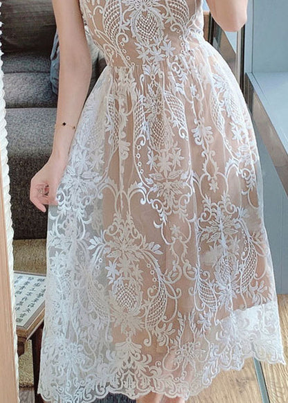 French Embroidered Patchwork Lace Spaghetti Strap Dress Summer