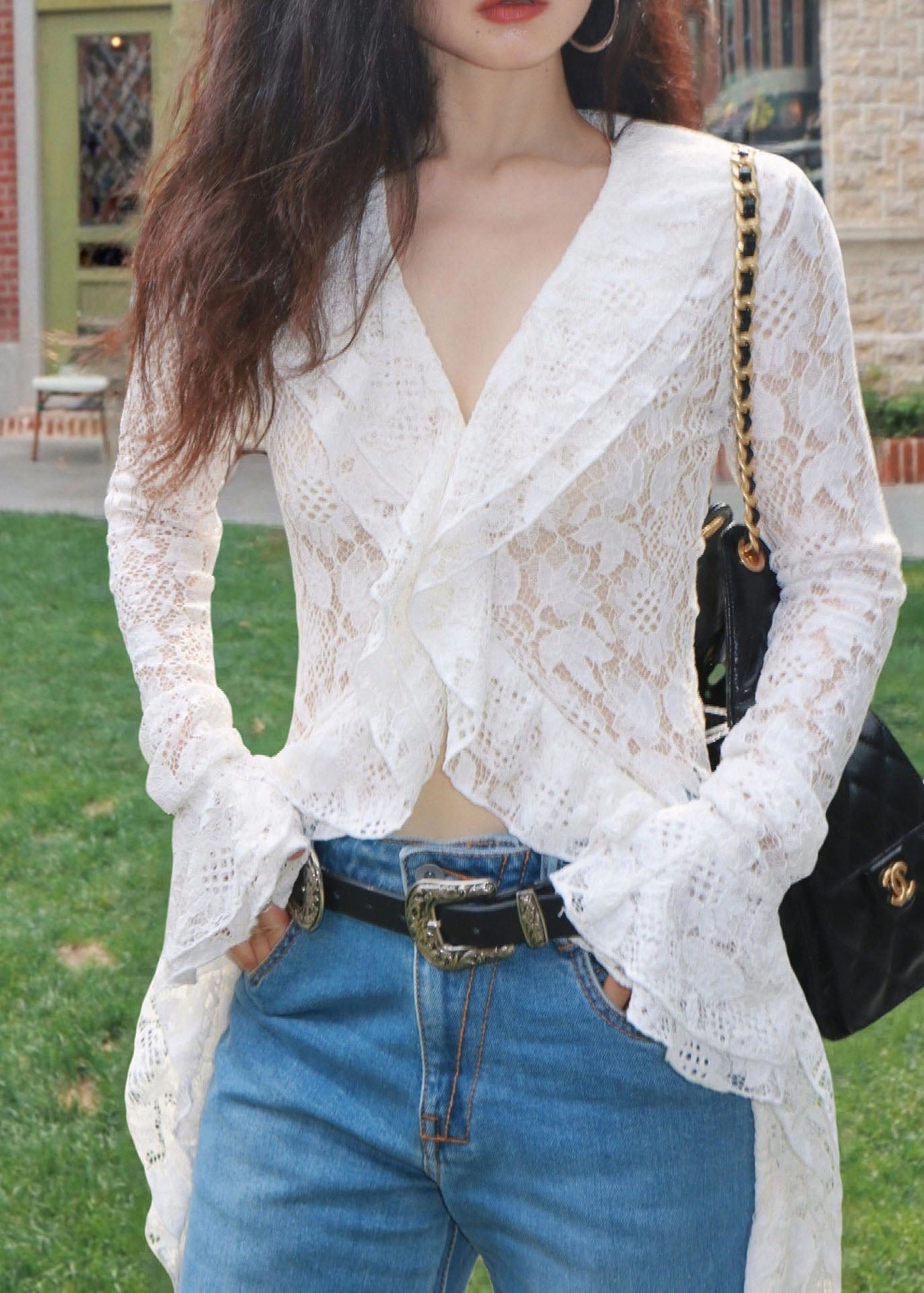 French Fashion White Lace Long V-Neck Cardigan Fall