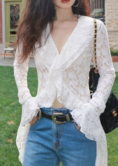 French Fashion White Lace Long V-Neck Cardigan Fall
