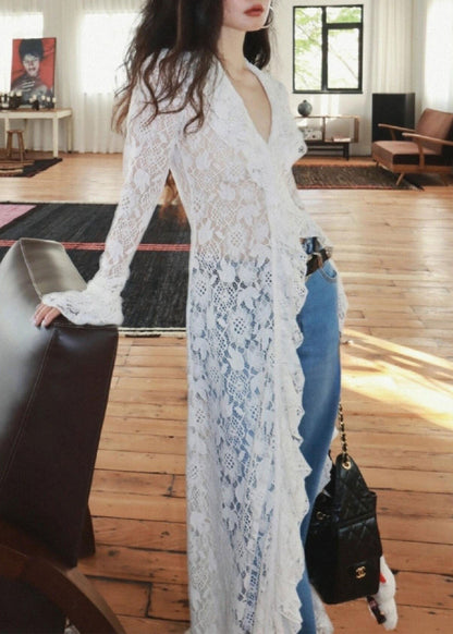 French Fashion White Lace Long V-Neck Cardigan Fall
