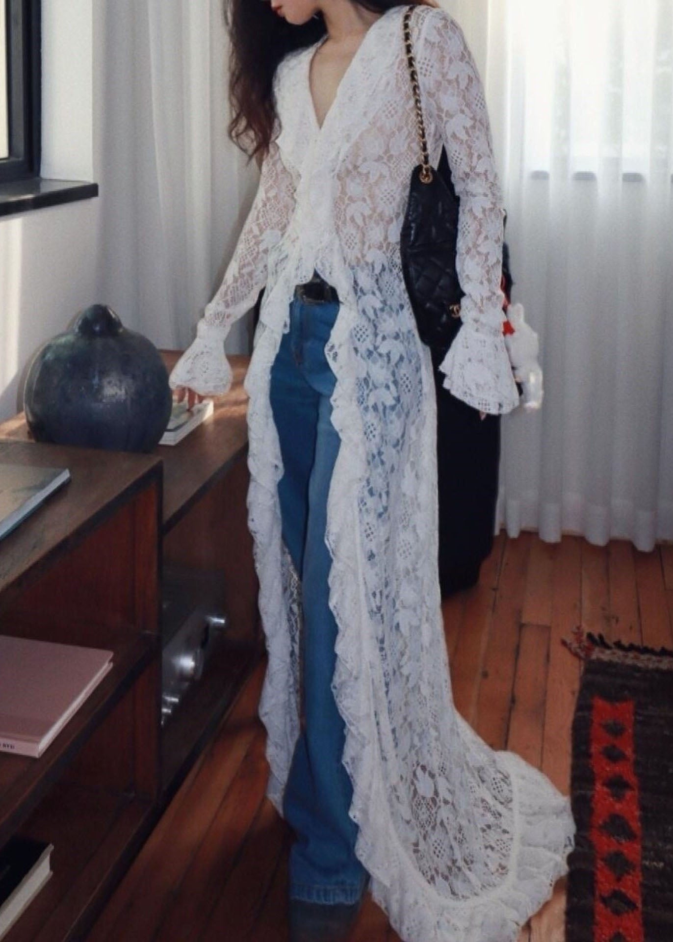 French Fashion White Lace Long V-Neck Cardigan Fall