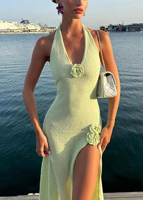 French Fruit Green Floral Decorated Side Open Knit Holiday Dress