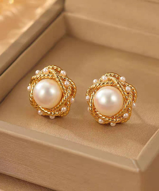 French Gold Copper Overgild Zircon Pearl Fried Dough Twist Stud Earrings