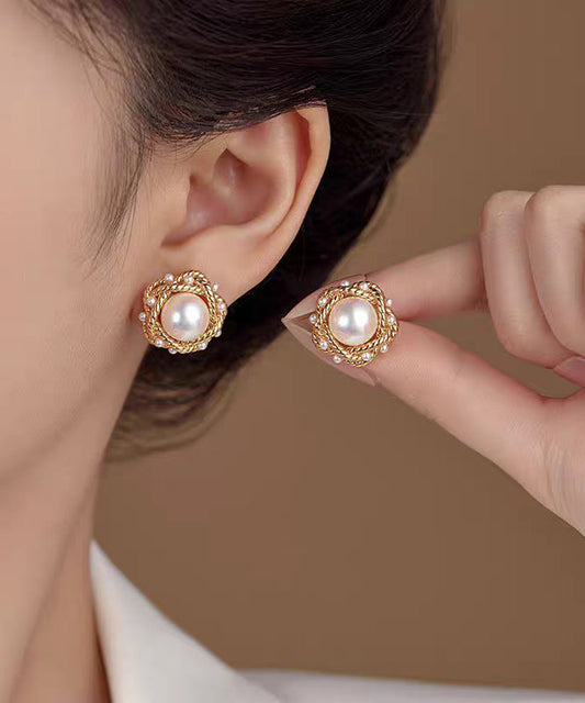 French Gold Copper Overgild Zircon Pearl Fried Dough Twist Stud Earrings