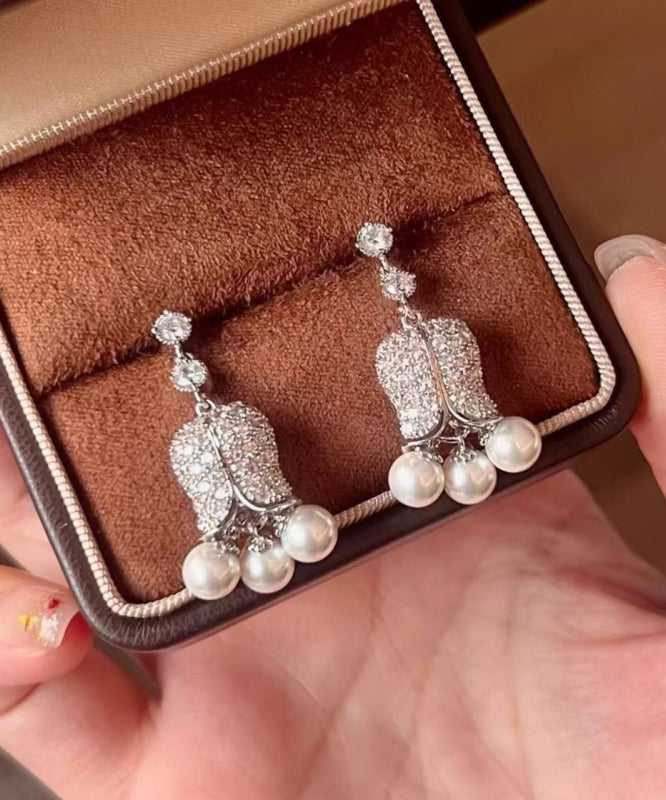 French Gold Copper Overgild Zircon Pearl Lily Of The Valley Drop Earrings