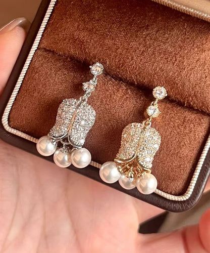 French Gold Copper Overgild Zircon Pearl Lily Of The Valley Drop Earrings