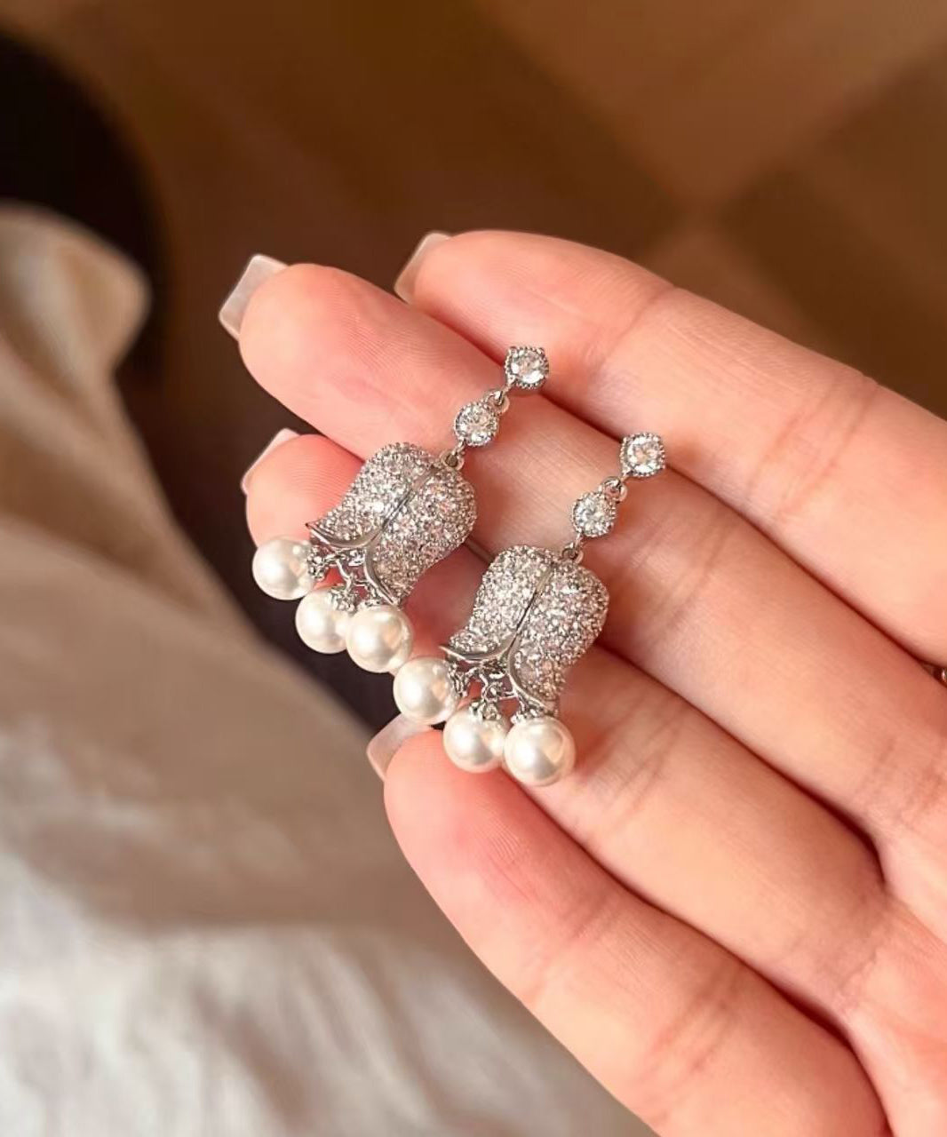 French Gold Copper Overgild Zircon Pearl Lily Of The Valley Drop Earrings